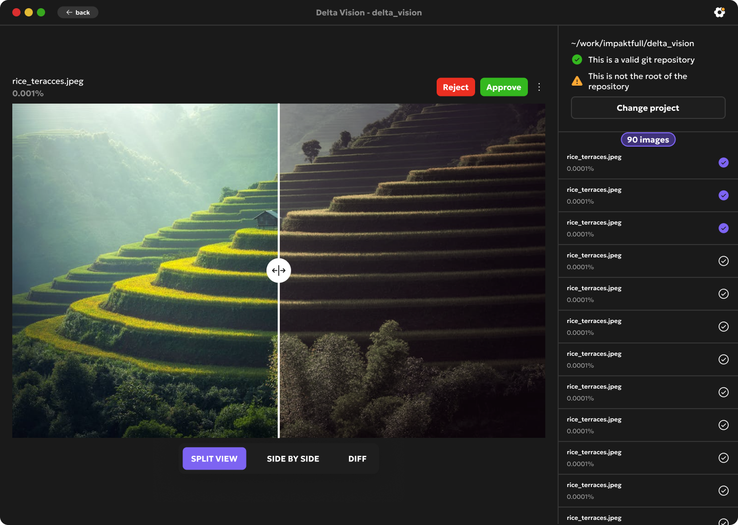 DeltaVision review view with keyboard shortcuts highlighted